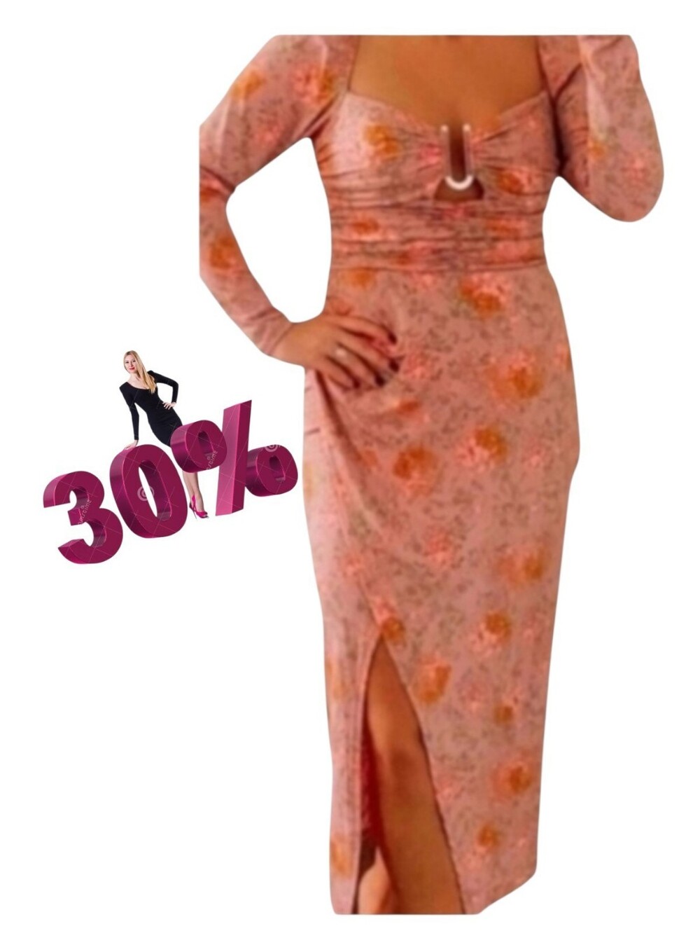 NWT WAYF Floral Cut Out Ruched Midi Dress Long Sleeve Pink Sz L